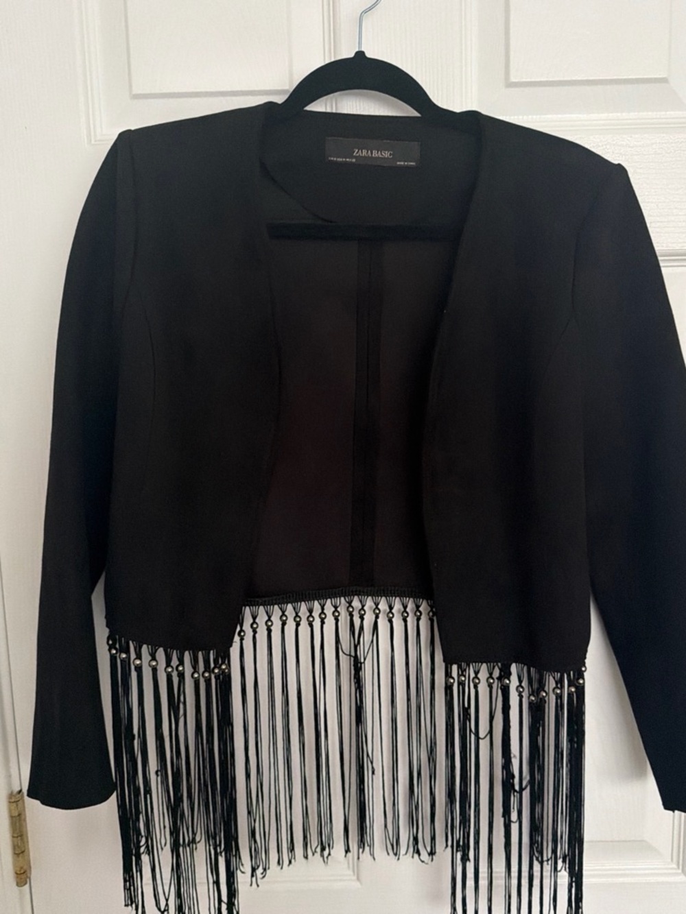 Zara Black Fringe Open-Front Cropped Blazer